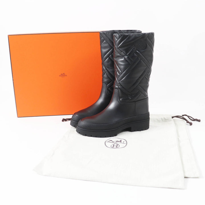 Excellent HERMES boots Fuji Ex Libris quilted with patches black leather Women