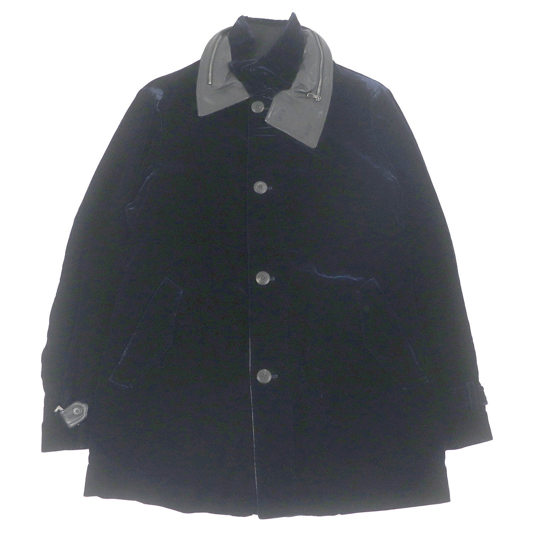 Excellent GIORGIO ARMANI coat Leather accents Velvet WZIP Hooded Dark navy Rayon mens 54