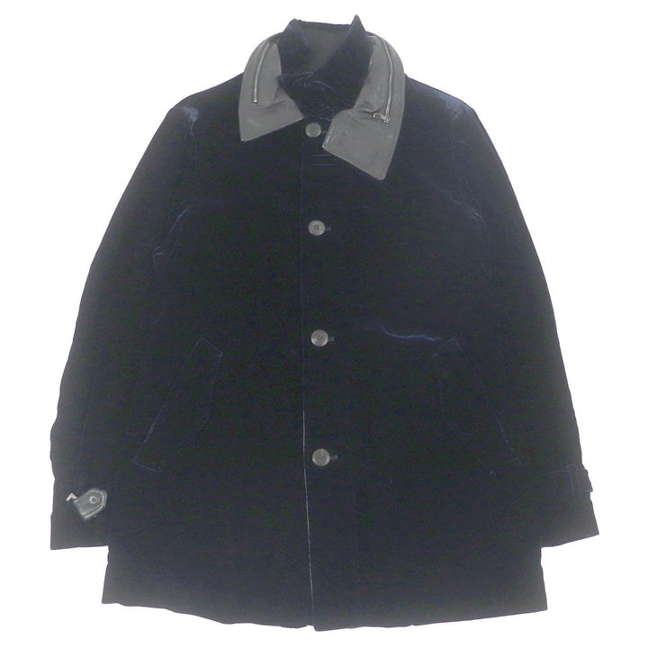 Excellent GIORGIO ARMANI coat Leather accents Velvet WZIP Hooded Dark navy Rayon mens 54