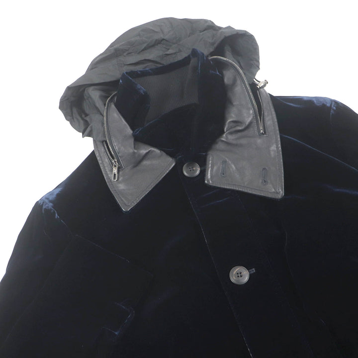 Excellent GIORGIO ARMANI coat Leather accents Velvet WZIP Hooded Dark navy Rayon mens 54