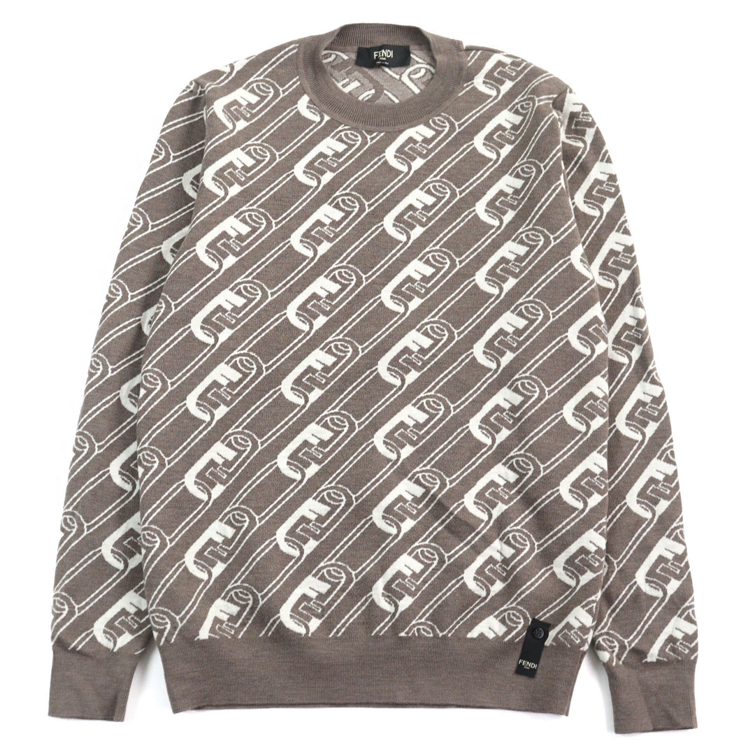 FENDI knit FF logo Orock Chain print crew neck Brown white Virgin mens 48 FZX061