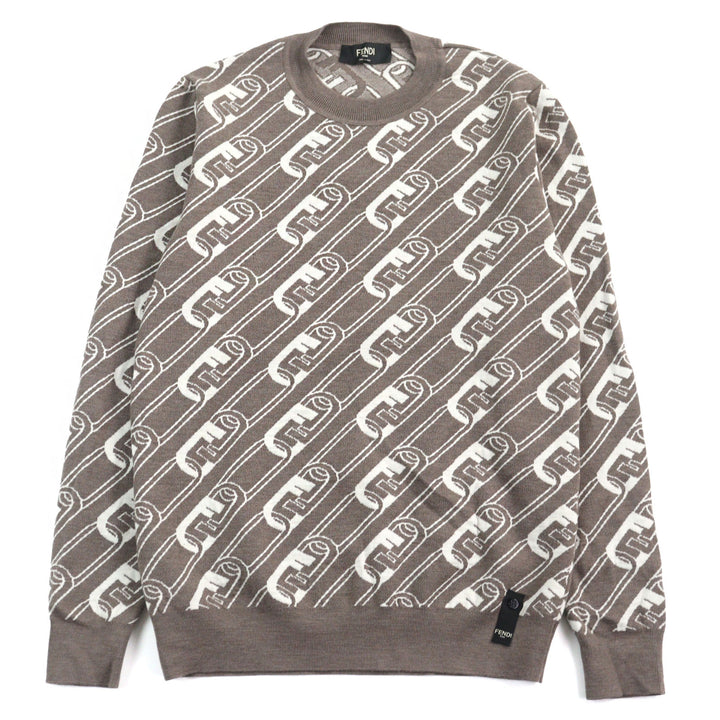 FENDI knit FF logo Orock Chain print crew neck Brown white Virgin mens 48 FZX061