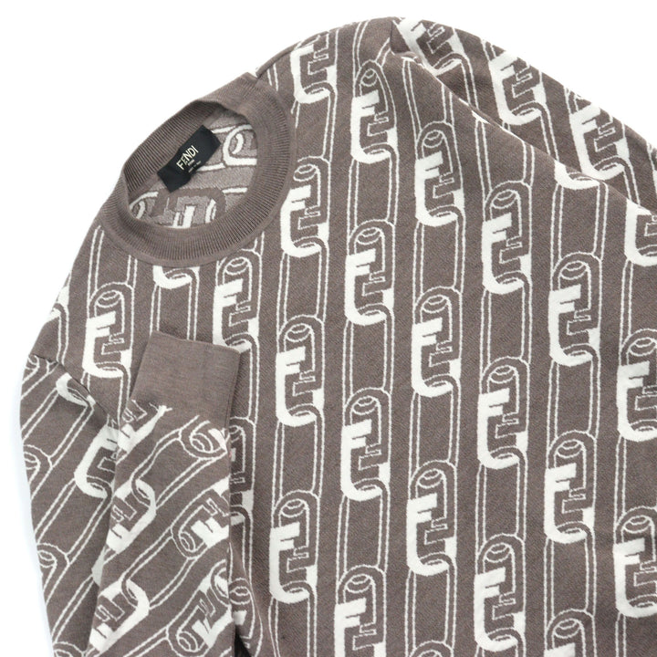 FENDI knit FF logo Orock Chain print crew neck Brown white Virgin mens 48 FZX061