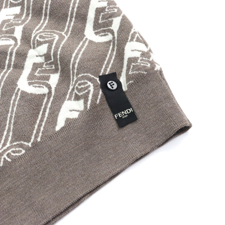 FENDI knit FF logo Orock Chain print crew neck Brown white Virgin mens 48 FZX061
