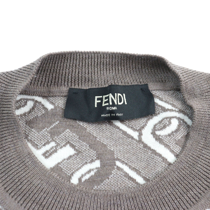 FENDI knit FF logo Orock Chain print crew neck Brown white Virgin mens 48 FZX061