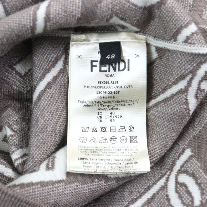 FENDI knit FF logo Orock Chain print crew neck Brown white Virgin mens 48 FZX061
