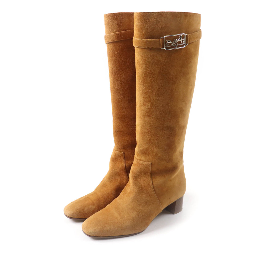 Great HERMES Knee-high boots Versailles Square toe light brown Suede leather Women 36
