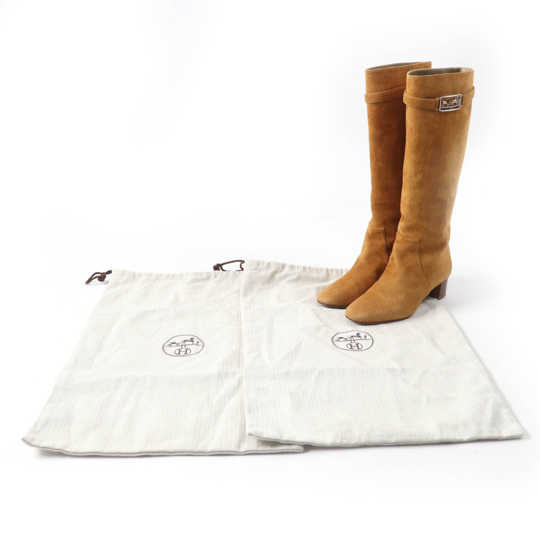 Great HERMES Knee-high boots Versailles Square toe light brown Suede leather Women 36