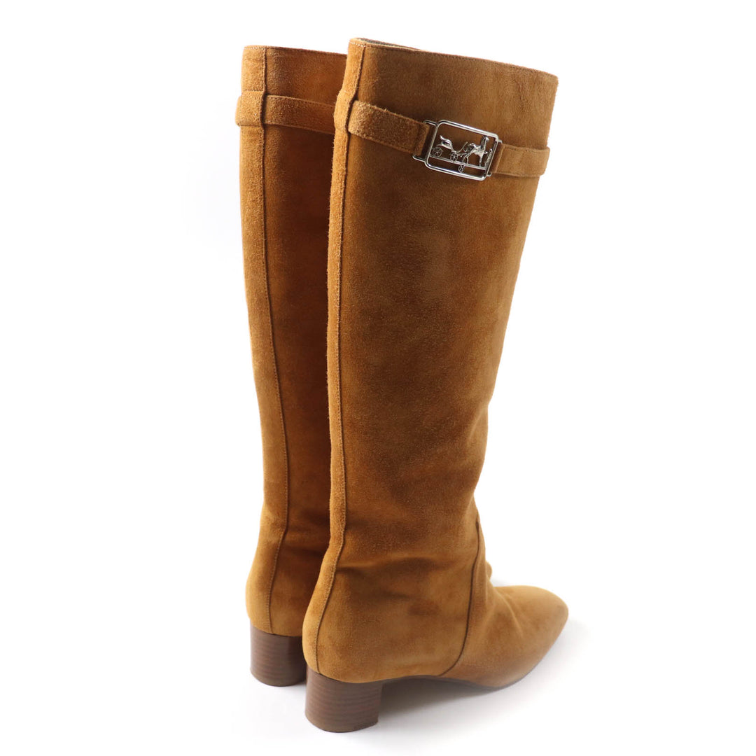 Great HERMES Knee-high boots Versailles Square toe light brown Suede leather Women 36