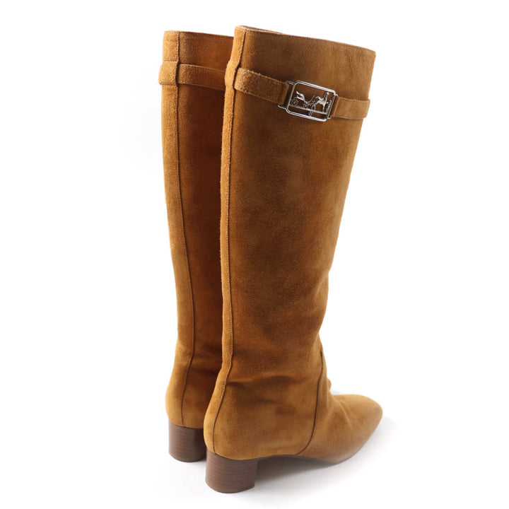 Great HERMES Knee-high boots Versailles Square toe light brown Suede leather Women 36