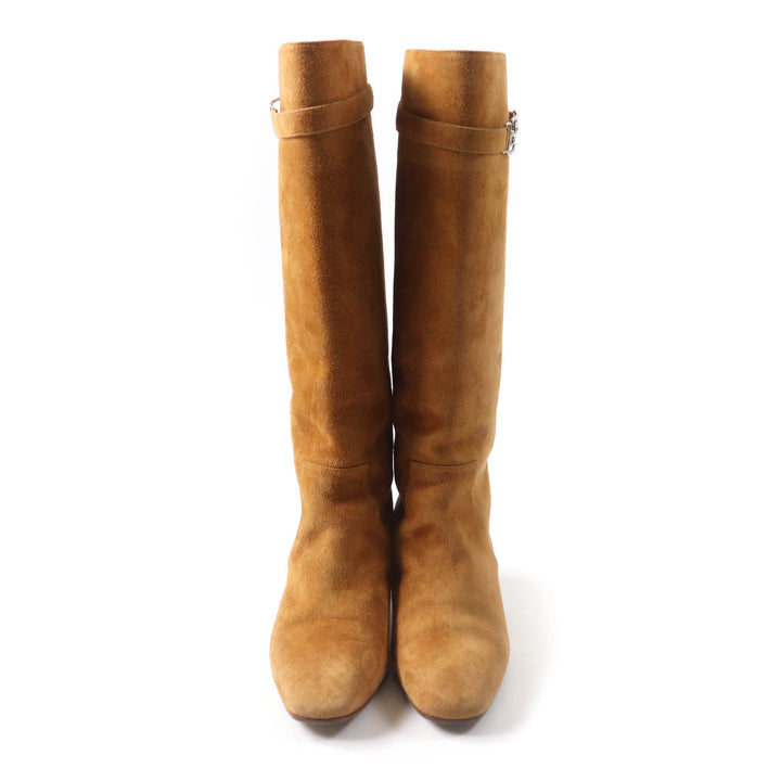 Great HERMES Knee-high boots Versailles Square toe light brown Suede leather
