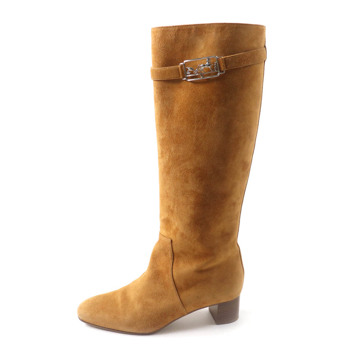 Great HERMES Knee-high boots Versailles Square toe light brown Suede leather Women 36