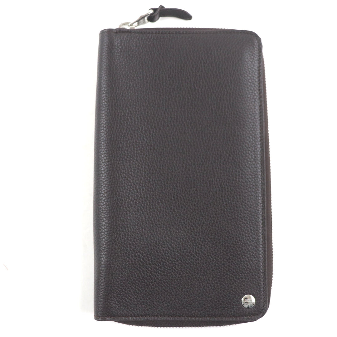 Excellent Dunhill Purse BOSTON Boston Logo Metal Round Zip Organizer Dark brown Grain leather mens
