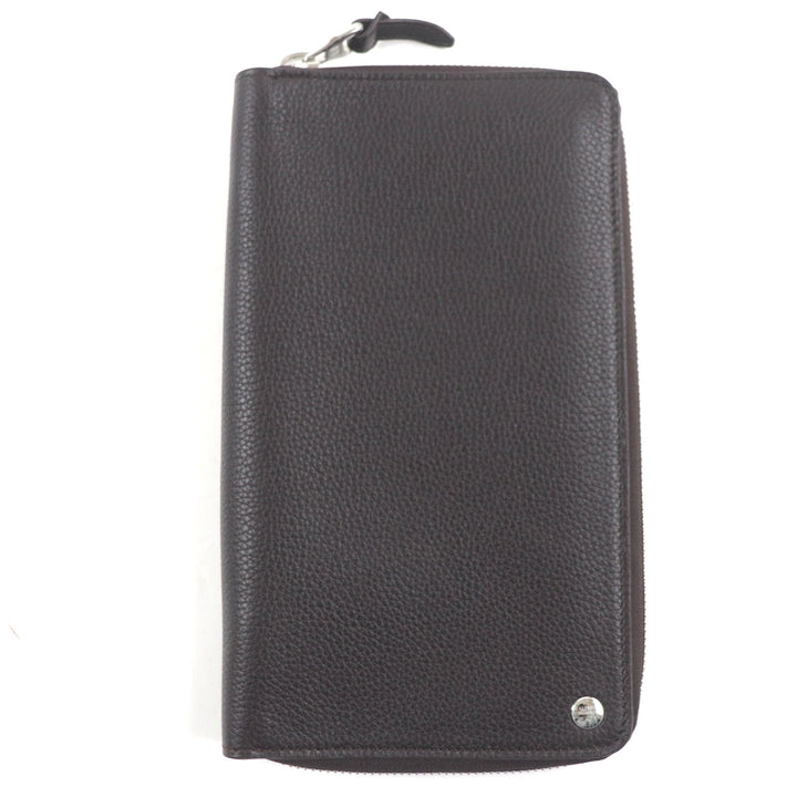 Excellent Dunhill Purse BOSTON Boston Logo Metal Round Zip Organizer Dark brown Grain leather mens