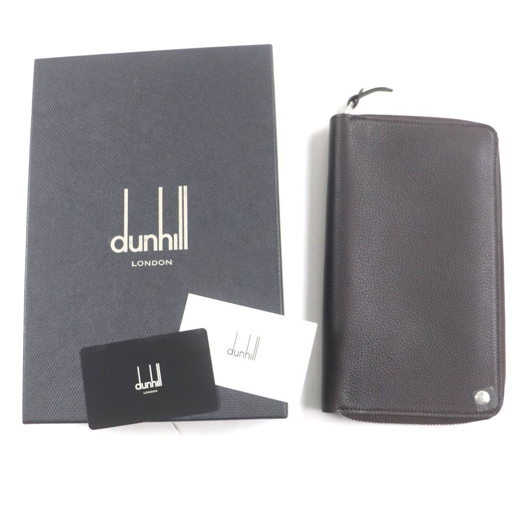Excellent Dunhill Purse BOSTON Boston Logo Metal Round Zip Organizer Dark brown Grain leather mens