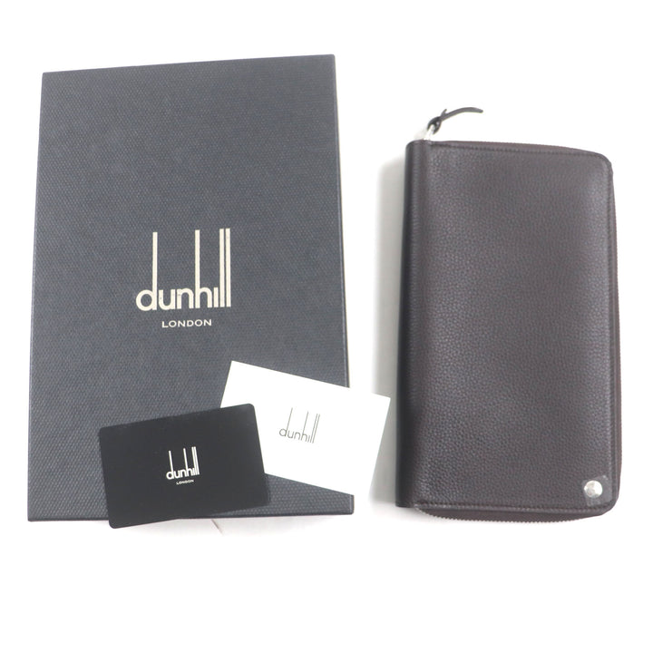 Excellent Dunhill Purse BOSTON Boston Logo Metal Round Zip Organizer Dark brown Grain leather mens