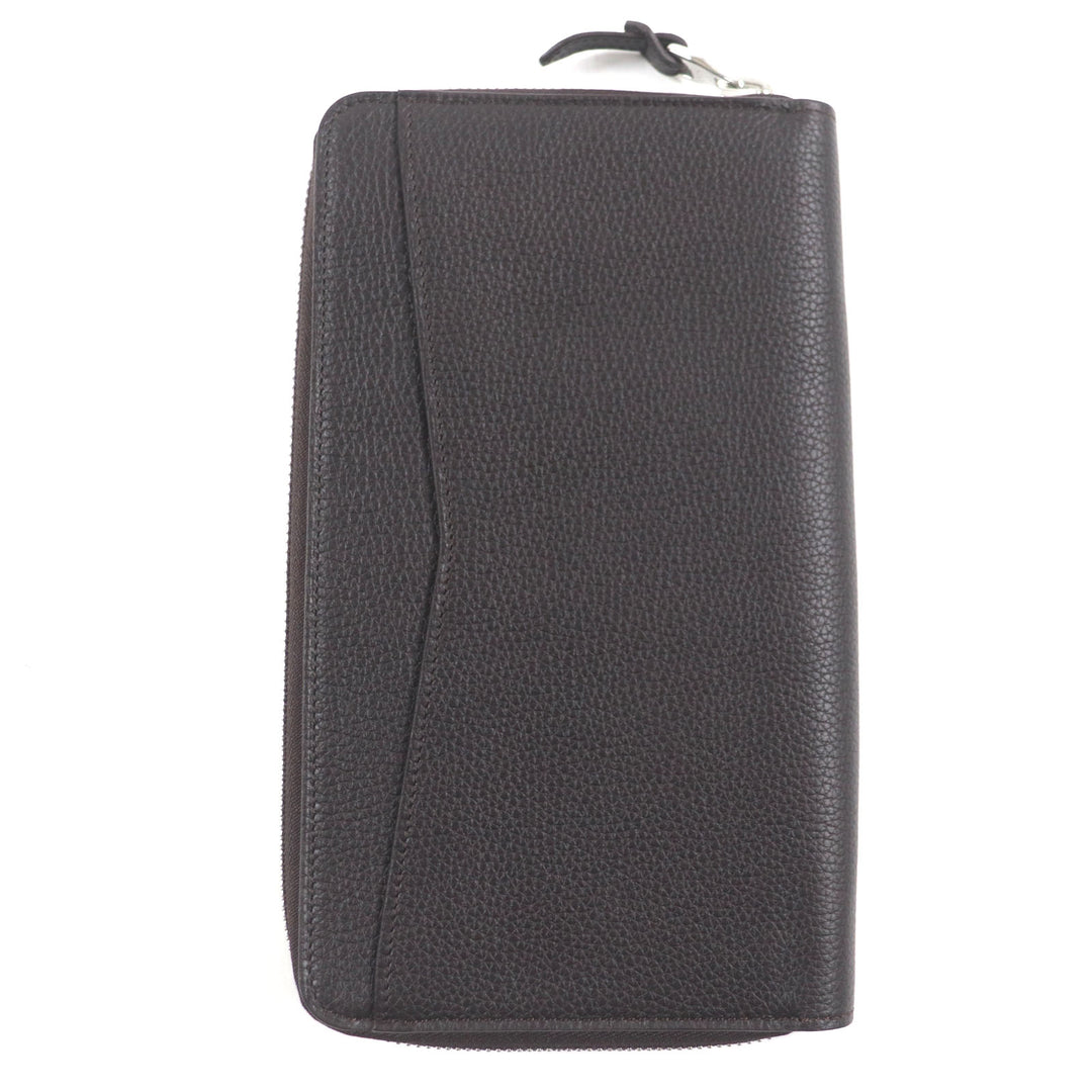 Excellent Dunhill Purse BOSTON Boston Logo Metal Round Zip Organizer Dark brown Grain leather mens