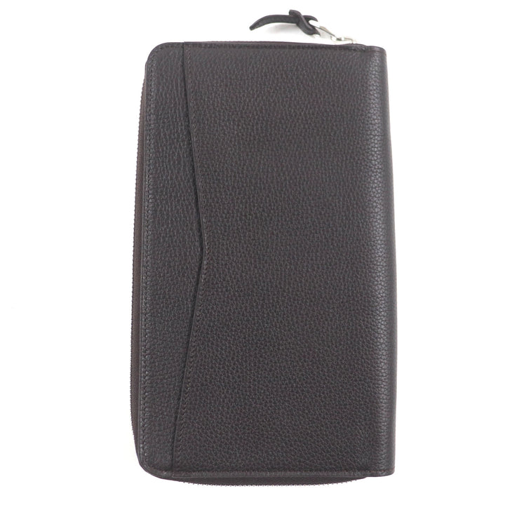 Excellent Dunhill Purse BOSTON Boston Logo Metal Round Zip Organizer Dark brown Grain leather mens
