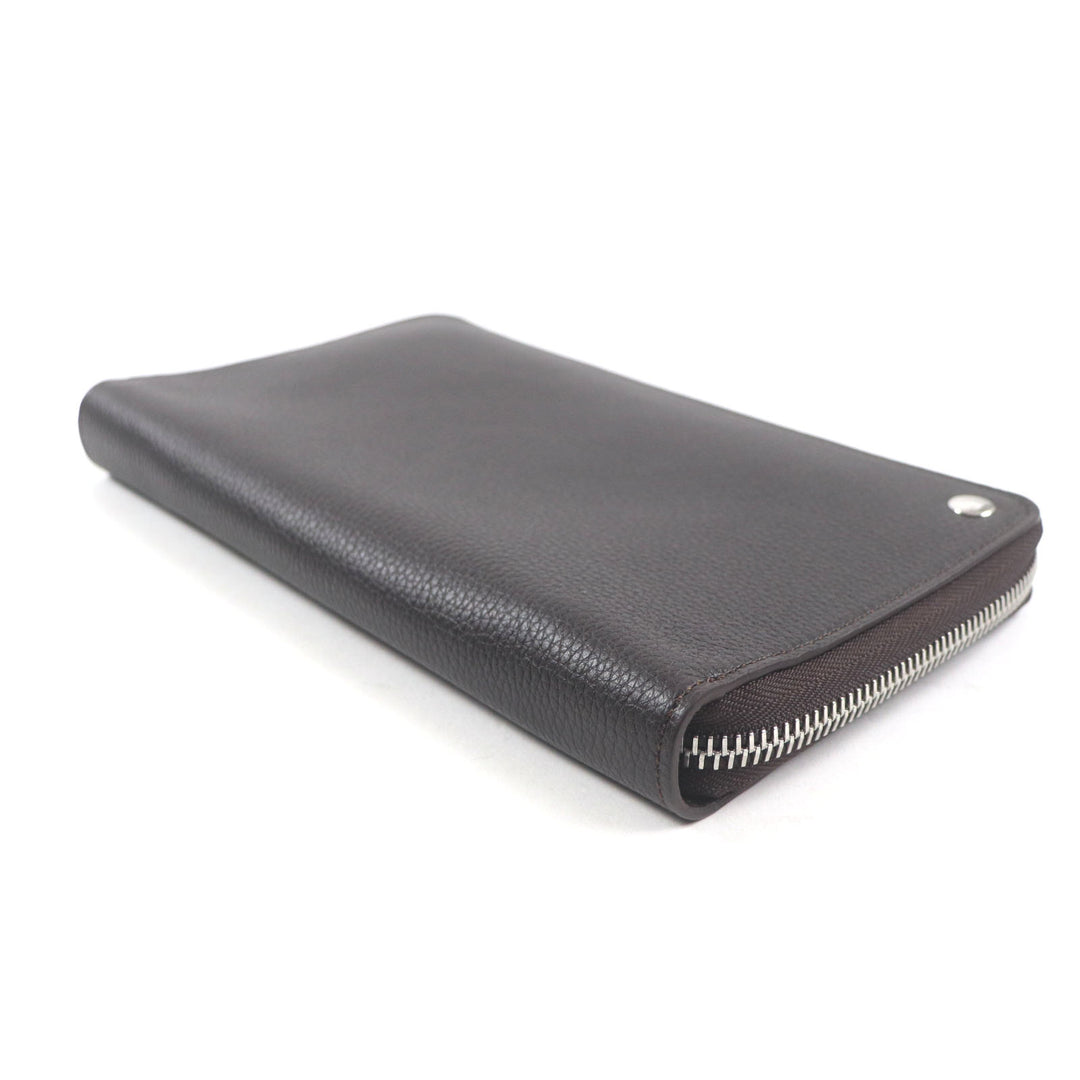 Excellent Dunhill Purse BOSTON Boston Logo Metal Round Zip Organizer Dark brown Grain leather mens