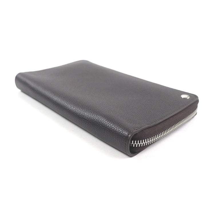 Excellent Dunhill Purse BOSTON Boston Logo Metal Round Zip Organizer Dark brown Grain leather mens
