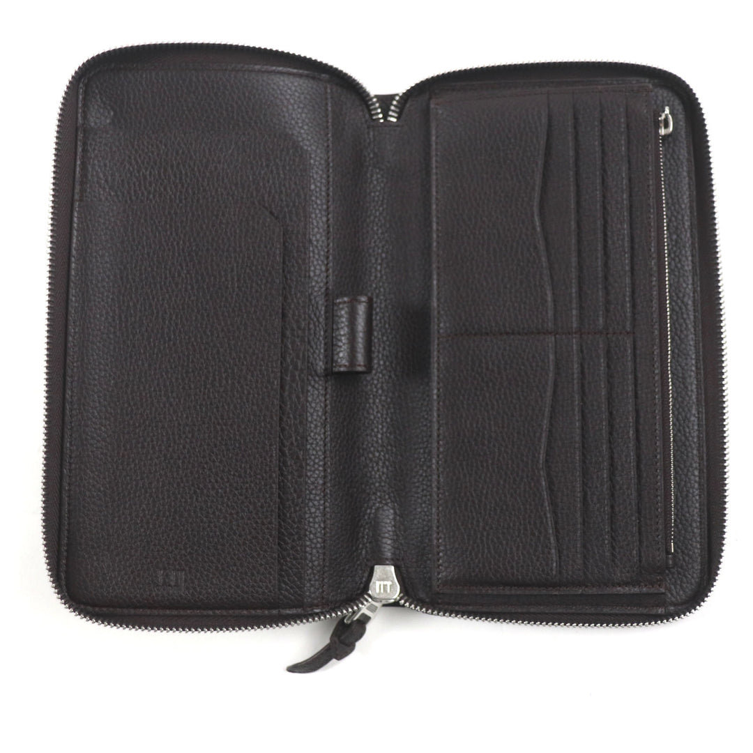 Excellent Dunhill Purse BOSTON Boston Logo Metal Round Zip Organizer Dark brown Grain leather mens