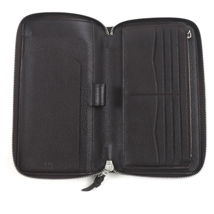 Excellent Dunhill Purse BOSTON Boston Logo Metal Round Zip Organizer Dark brown Grain leather mens