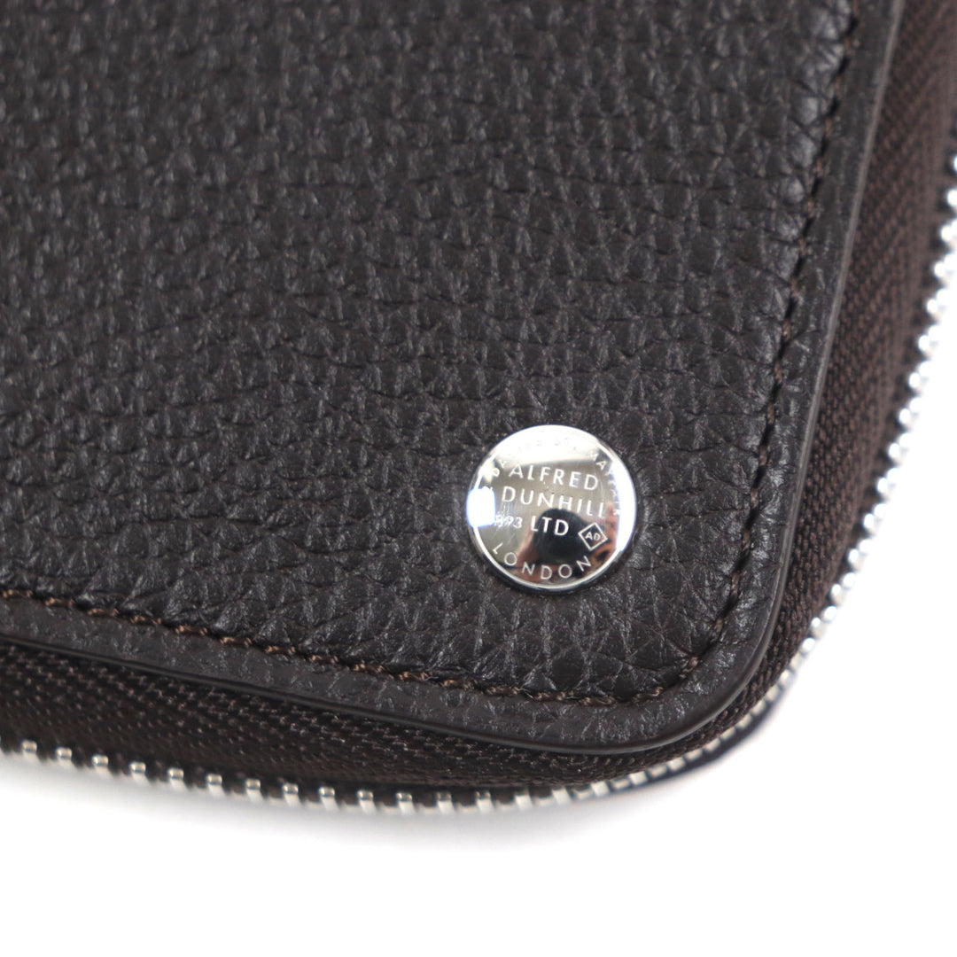 Excellent Dunhill Purse BOSTON Boston Logo Metal Round Zip Organizer Dark brown Grain leather mens