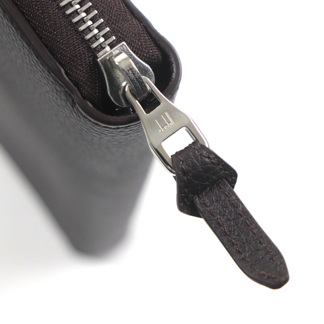 Excellent Dunhill Purse BOSTON Boston Logo Metal Round Zip Organizer Dark brown Grain leather mens