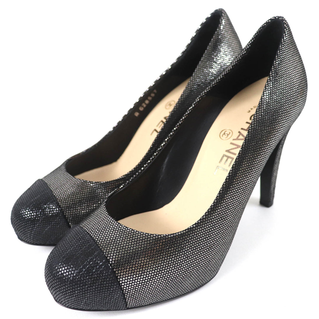 Great CHANEL pumps COCO Mark Metallic Leather Silver Black Women 35.5 G28557