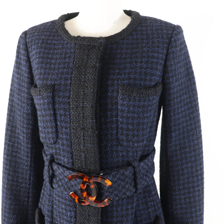 Excellent CHANEL coat Park Shin Hye wears BIG Coco buckle belt Black navy Women 34 P57229