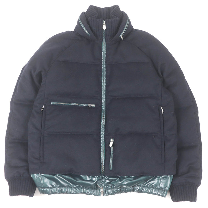 Excellent HERMES Down jacket Hooded docking design Navy cashmere mens 46