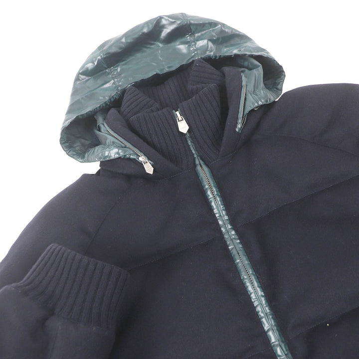 Excellent HERMES Down jacket Hooded docking design Navy cashmere mens 46