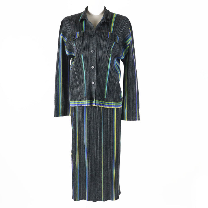 Excellent PLEATS PLEASE two-piece set Transfer print shirt/long skirt Dark gray polyester Women 3 PP53-JD761 PP61-JG704