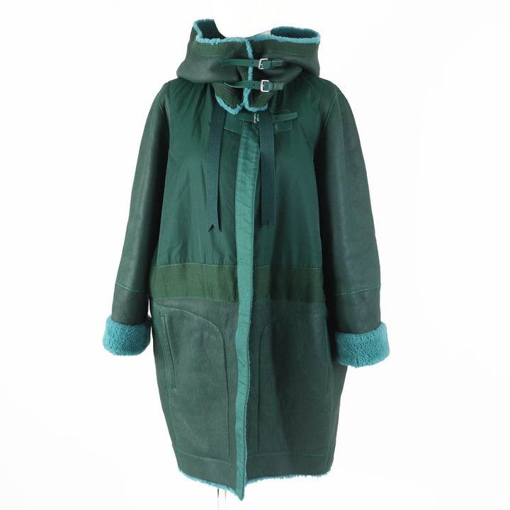 Great HERMES Mouton coat Serie buttoned switch design green Sheep leather Women 34