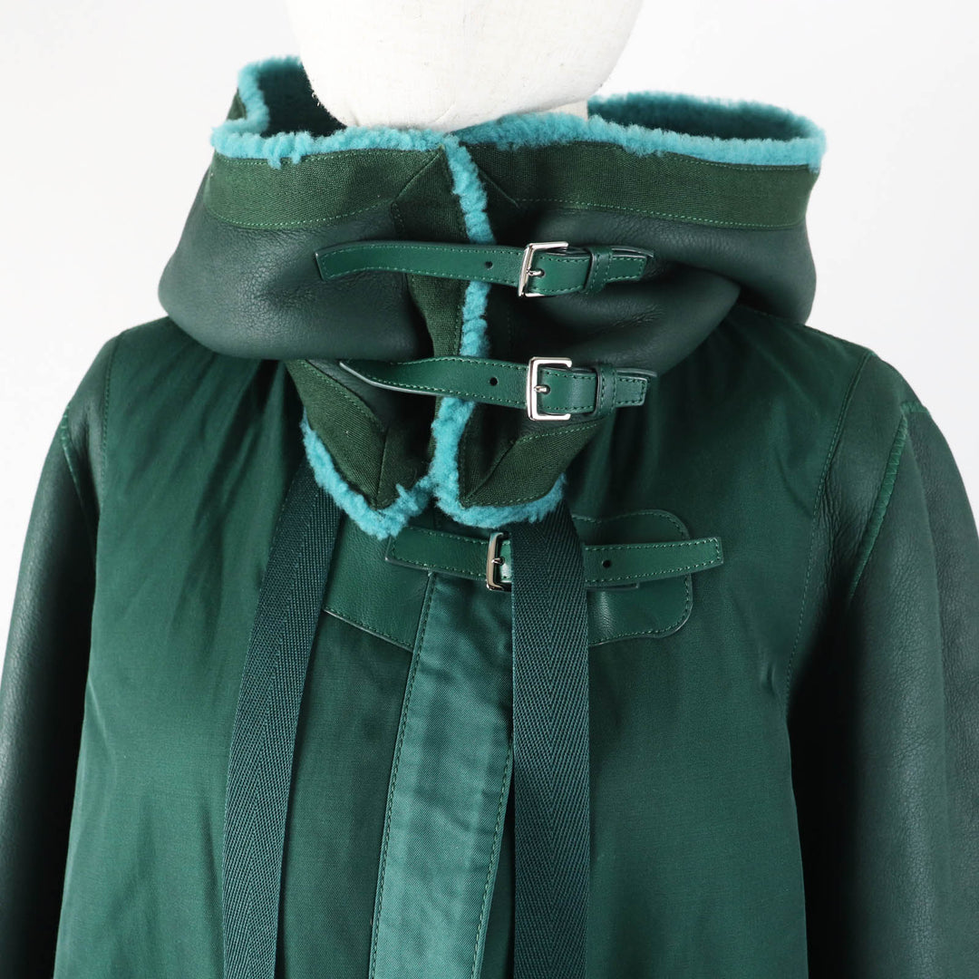 Great HERMES Mouton coat Serie buttoned switch design green Sheep leather Women 34