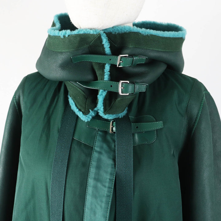 Great HERMES Mouton coat Serie buttoned switch design green Sheep leather Women 34
