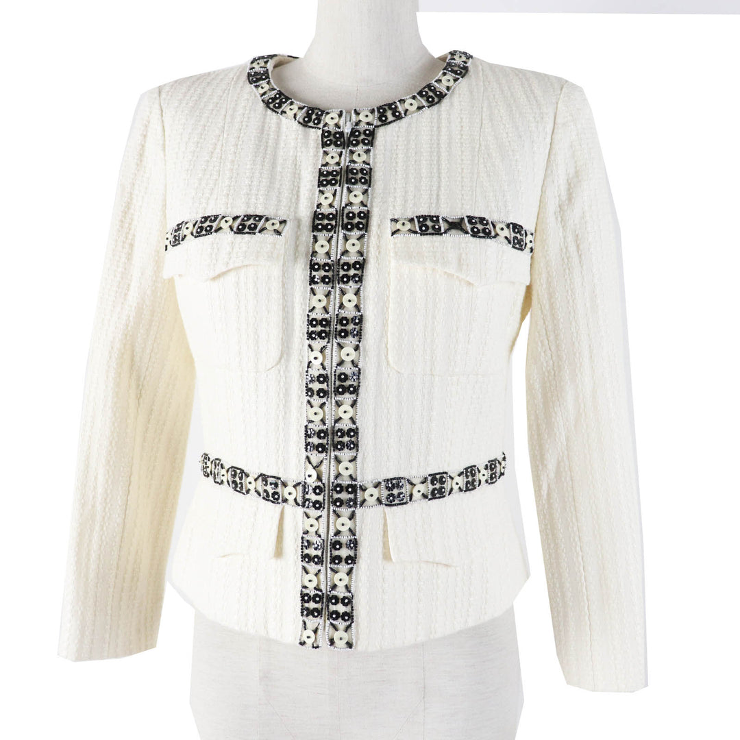 Excellent CHANEL Jacket Beaded decoration, Ivory black Women 38 03P P21247
