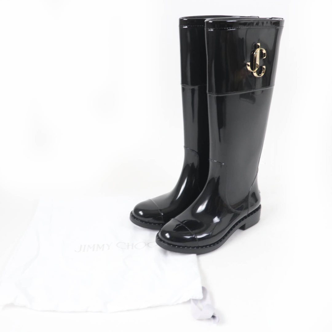 Great JIMMY CHOO Knee-high boots JC Logo Metal Rubber Boots Rain Boots black rubber Women 35