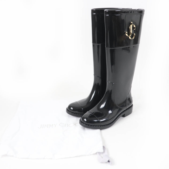Great JIMMY CHOO Knee-high boots JC Logo Metal Rubber Boots Rain Boots black rubber Women 35