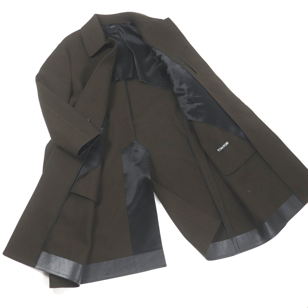 Excellent TOM FORD coat Leather detail fly front coat khaki wool mens 52