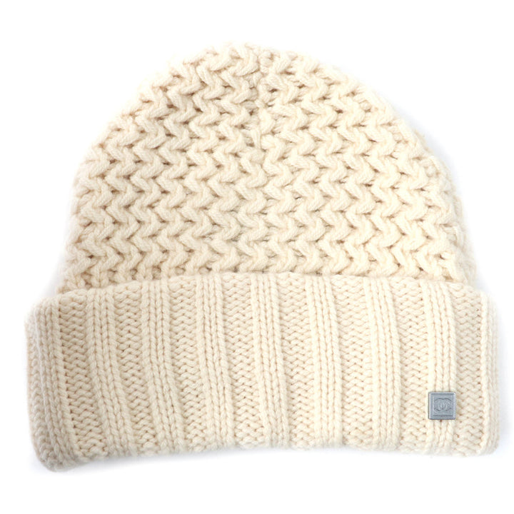 Very Good CHANEL Knit cap COCO Mark Plate Knit Hat Ivory cashmere Women