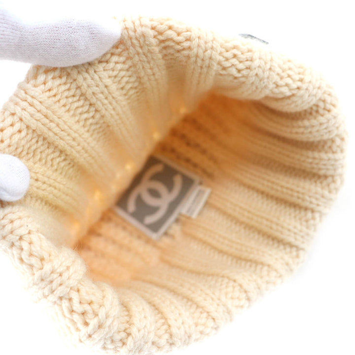 Very Good CHANEL Knit cap COCO Mark Plate Knit Hat Ivory cashmere Women