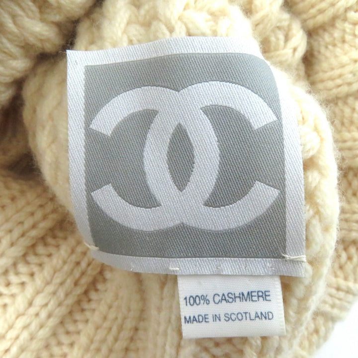 Very Good CHANEL Knit cap COCO Mark Plate Knit Hat Ivory cashmere Women