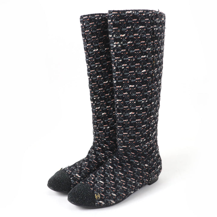 Great CHANEL Knee-high boots COCO Mark Back Zip Tweed multicolor Women 35.5 G27884