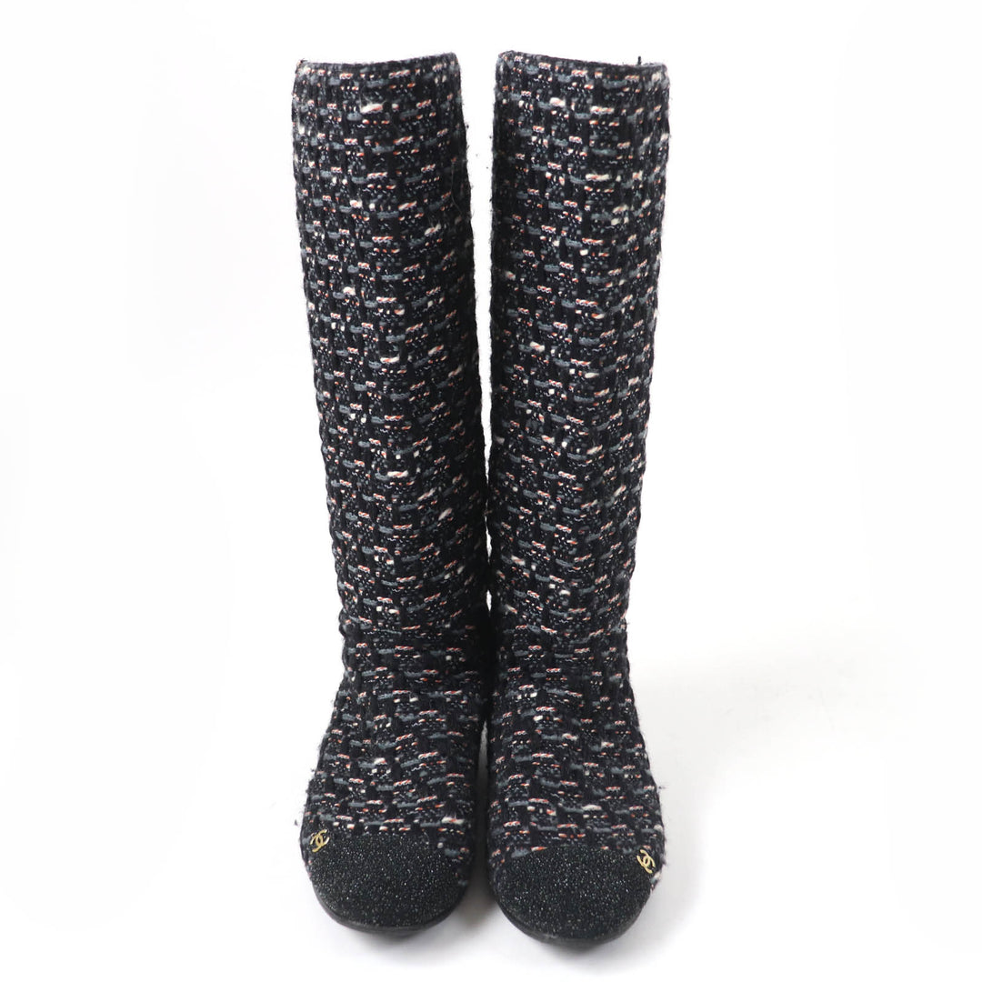 Great CHANEL Knee-high boots COCO Mark Back Zip Tweed multicolor Women 35.5 G27884