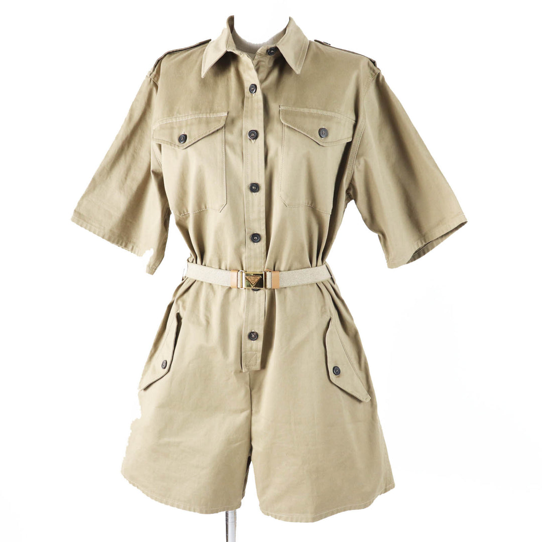Excellent PRADA Tsunagi Triangle logo belted short sleeve all-in-one/Women 36