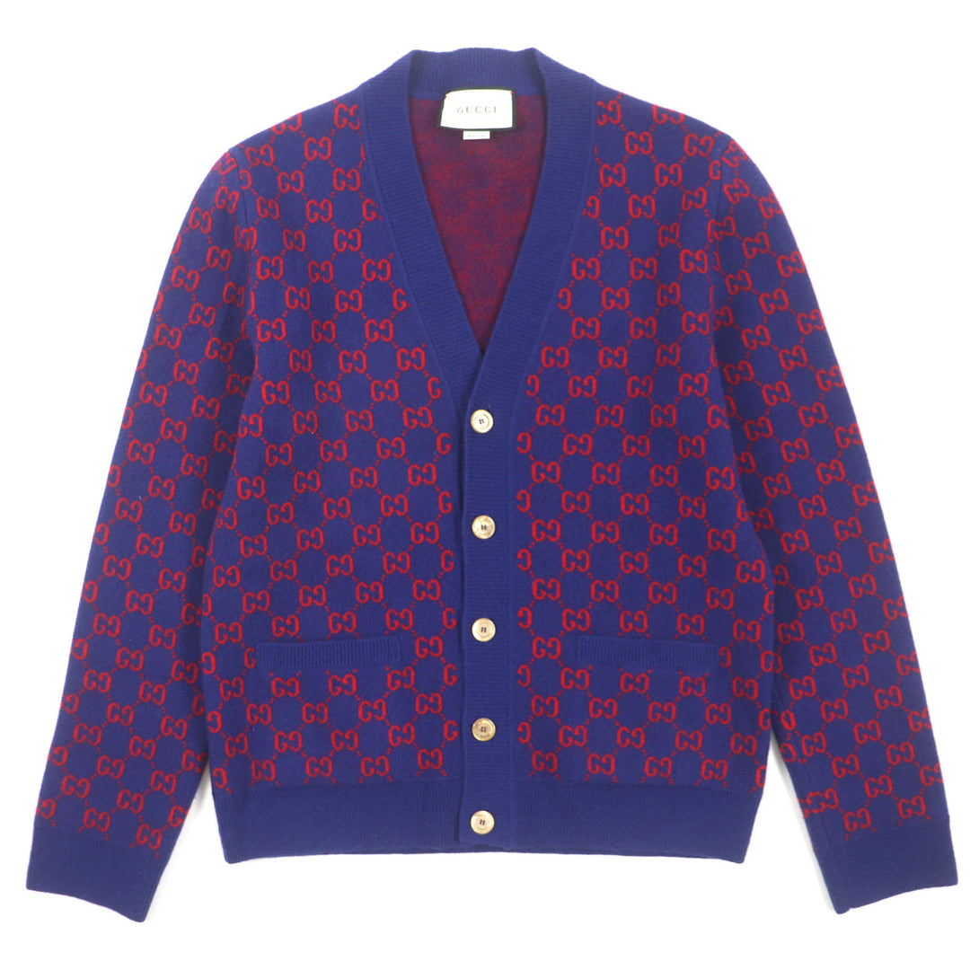 Excellent GUCCI cardigan GG pattern V-neck with logo shell buttons Blue red mens M 597724