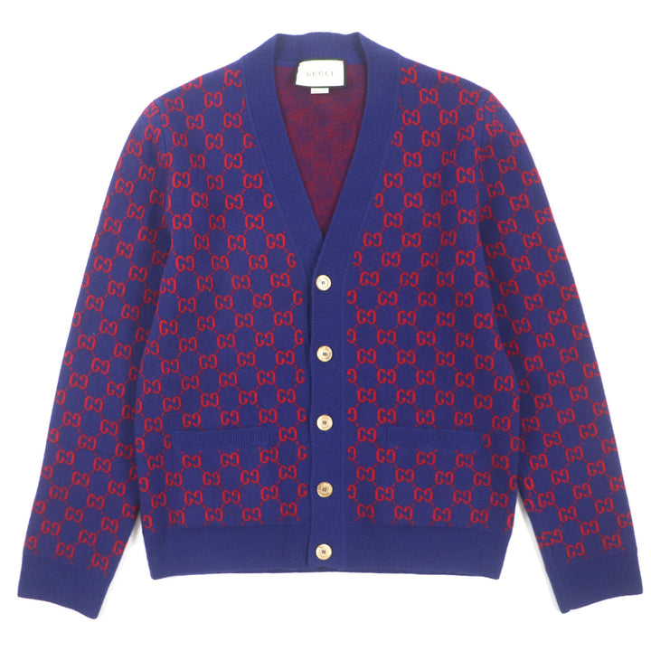 Excellent GUCCI cardigan GG pattern V-neck with logo shell buttons Blue red mens M 597724