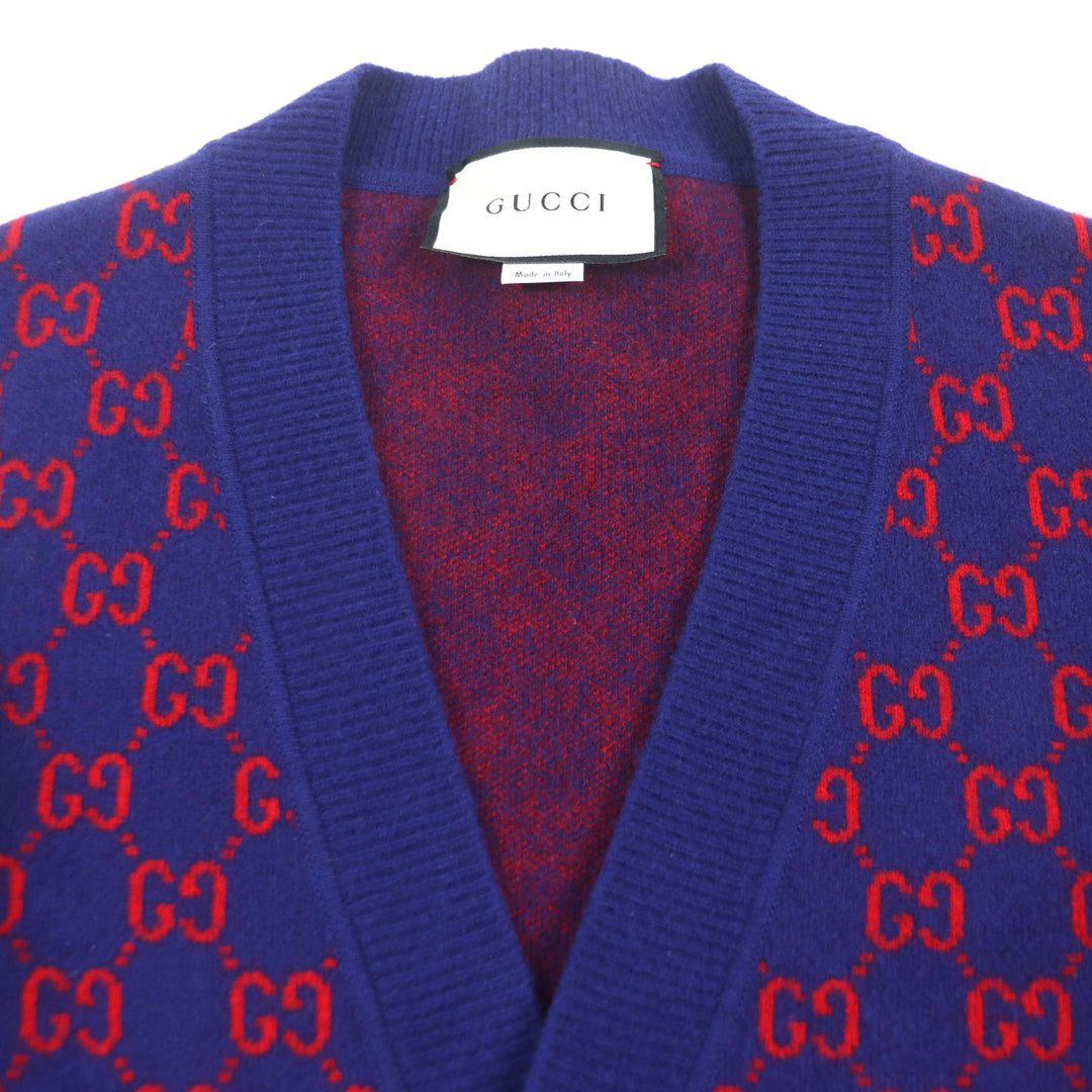 Excellent GUCCI cardigan GG pattern V-neck with logo shell buttons Blue red mens M 597724