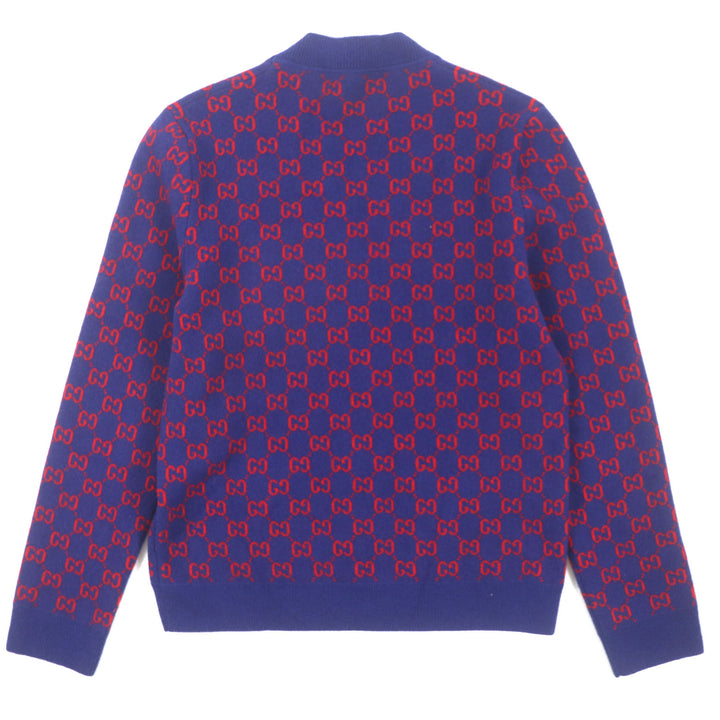 Excellent GUCCI cardigan GG pattern V-neck with logo shell buttons Blue red M